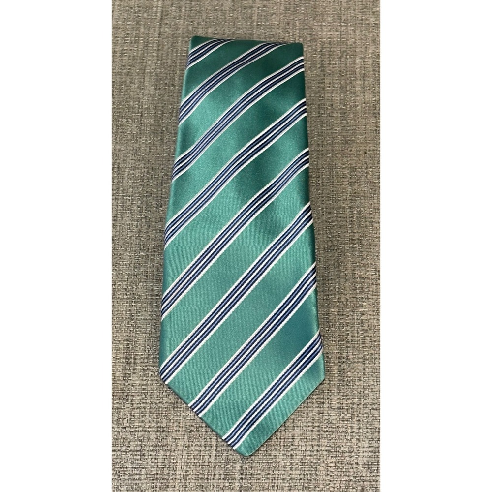 Kiton Napoli Silk Tie Seafoam Green Navy Blue White Diagonal Stripe 7-Fold Italy